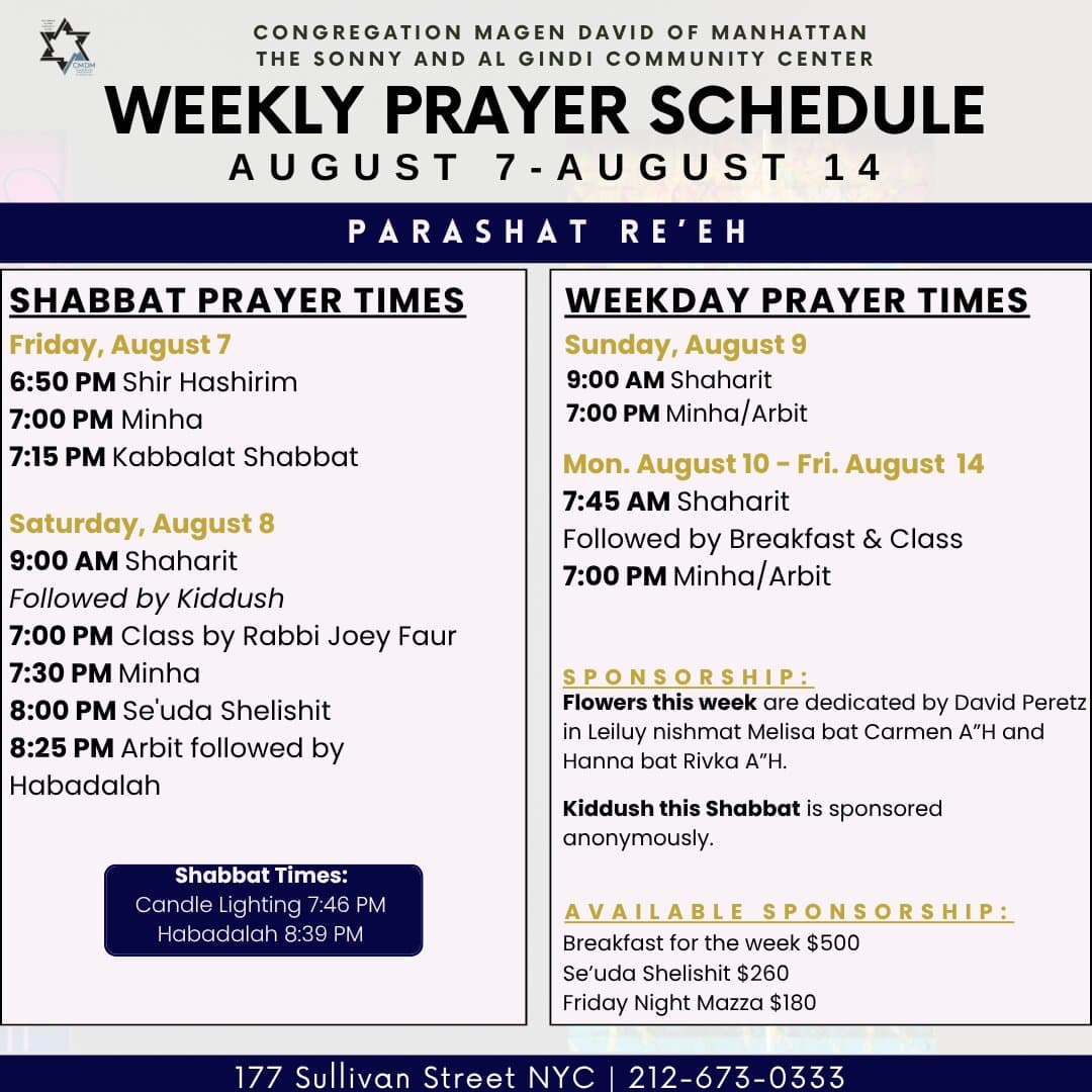 Current weekly prayer and community schedule for Congregation Magen David.