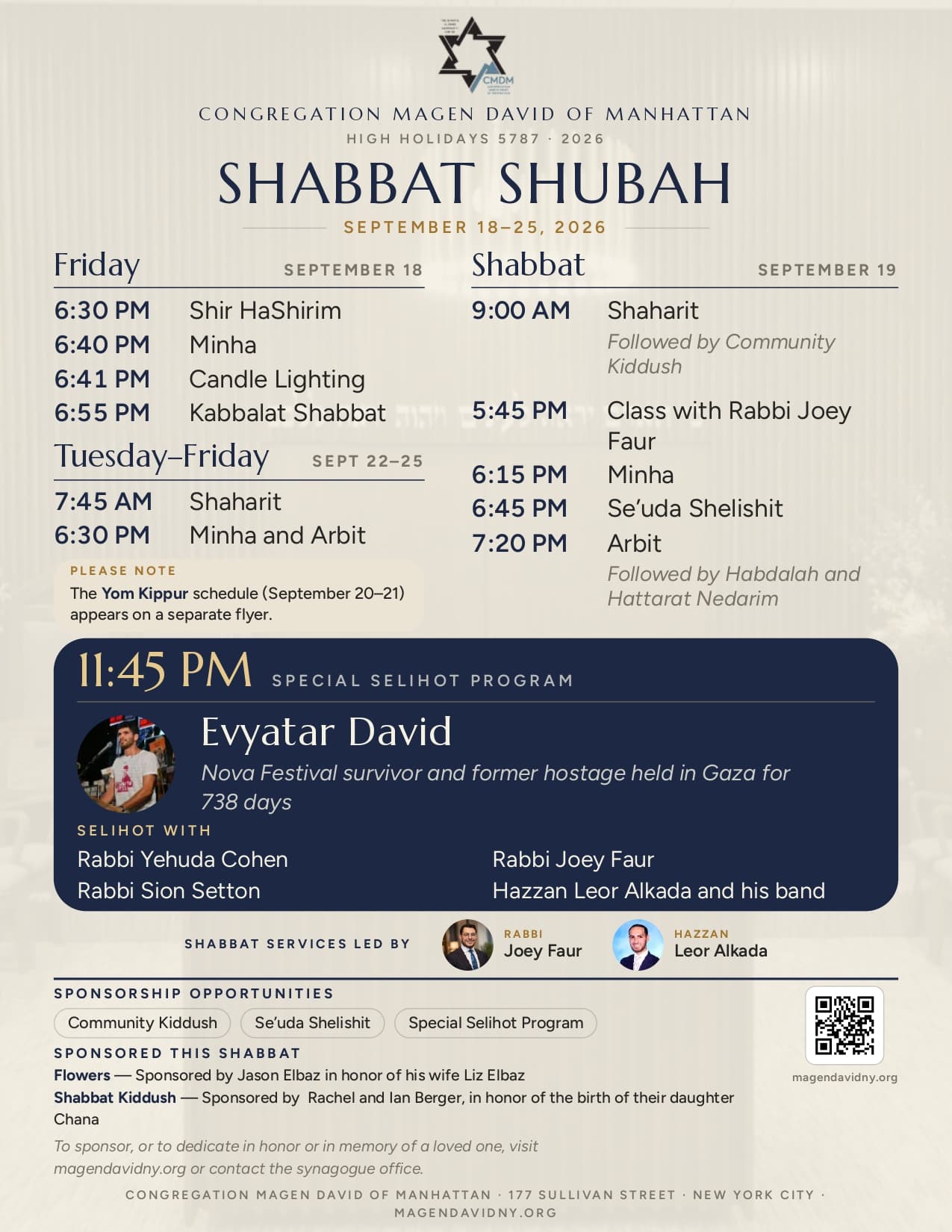 Current weekly prayer and community schedule for Congregation Magen David.